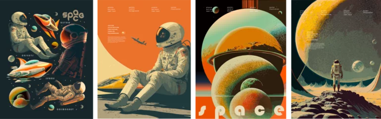 Fototapeten Space, science fiction, future. Vector retro illustrations of astronaut, galaxy, planet, moon, space objects for poster, background or cover © Ardea-studio