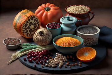 Selection of healthy food. Superfoods, various fruits and assorted berries, nuts and seeds