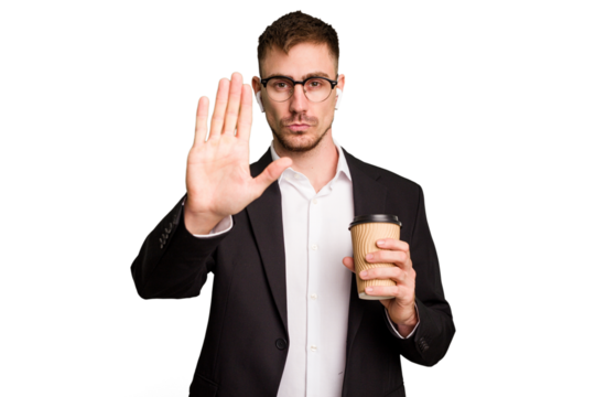 Young business caucasian man drinking a coffee isolated cutout standing with outstretched hand showing stop sign, preventing you.