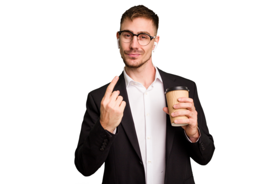 Young business caucasian man drinking a coffee isolated cutout pointing with finger at you as if inviting come closer.