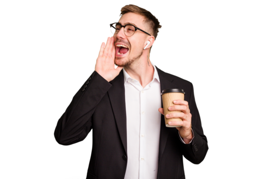 Young business caucasian man drinking a coffee isolated cutout shouting and holding palm near opened mouth. - Powered by Adobe