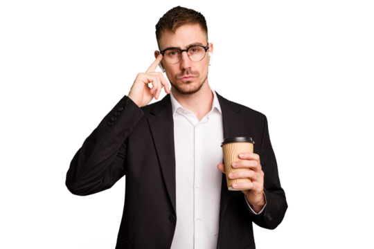 Young business caucasian man drinking a coffee isolated cutout pointing temple with finger, thinking, focused on a task.