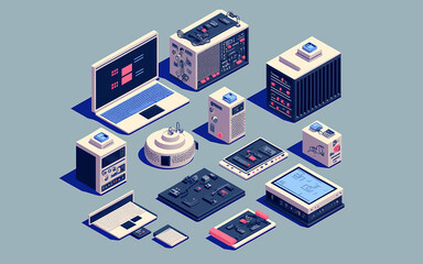 Big data center isometric icon pack, server room rack, engineering process, team work, computer technology, cloud storage, laptop, pc