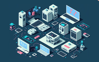 Big data center isometric icon pack, server room rack, engineering process, team work, computer technology, cloud storage, laptop, pc
