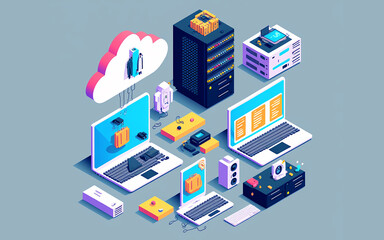 set of vector full color computer technology isometric icons, server room, digital devices set, elements for design, laptop pc