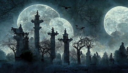 Graveyard cemetery to castle In Spooky scary dark Night full moon. Generative AI