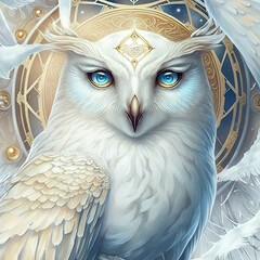 A white owl with unblinking eyes. Generative AI