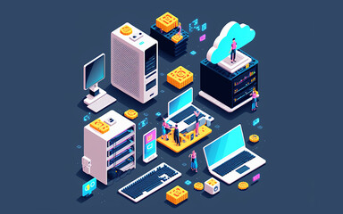 Big data center isometric icon pack, server room rack, engineering process, team work, computer technology, cloud storage, laptop, pc