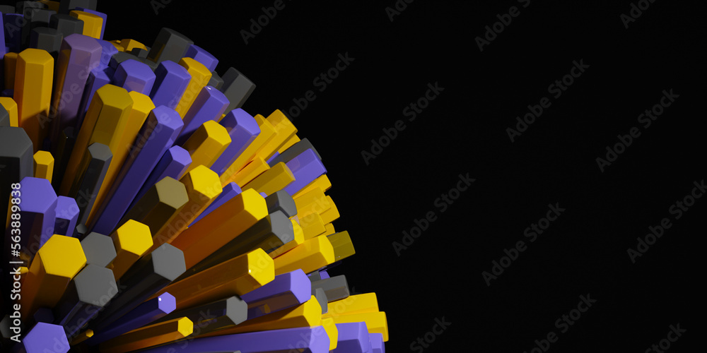 Poster 3d rendering of colorful hexagonal prism. sci-fi background. abstract sphere in empty space.