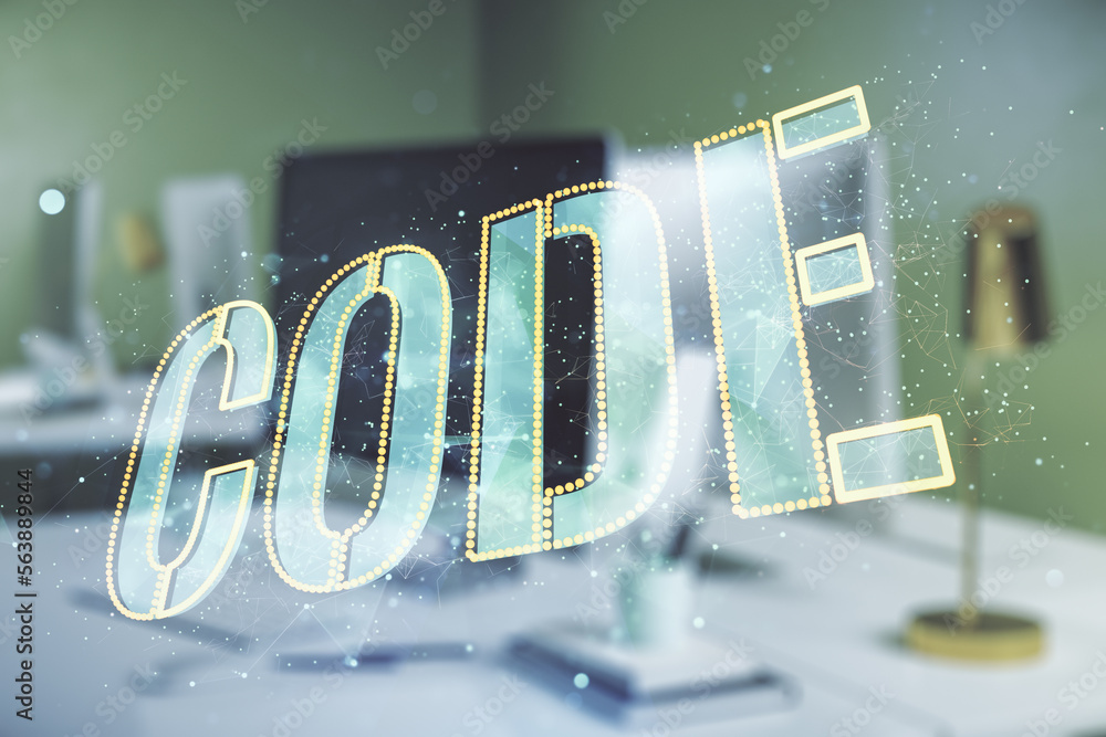 Poster Creative Code word sign on modern computer background, international software development concept. Multiexposure