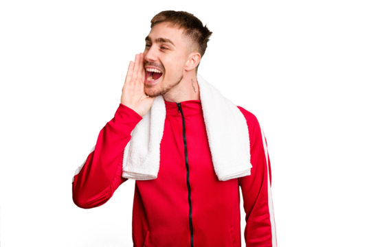 shouting and holding palm near opened mouth.