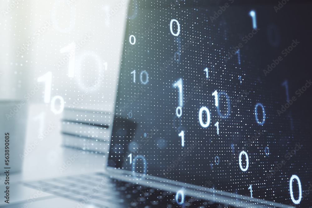 Fototapete creative abstract binary code hologram on modern computer background, ai and machine learning concep