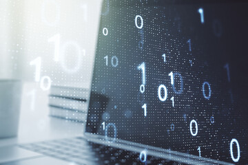 Creative abstract binary code hologram on modern computer background, AI and machine learning concept. Multiexposure