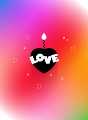 Bright Saint Valentine's card. Black  fuse and fire heart. Text LOVE. Abstract gradient background, rainbow pattern banner, party invitation. Explosive passion concept. Hot love vector illustratration - 563890239