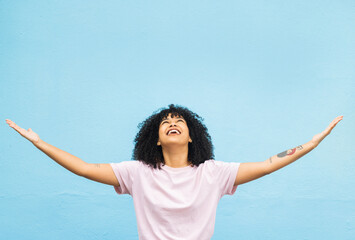 Black woman, happy and open arms in studio for marketing mockup, happiness celebration and excited...