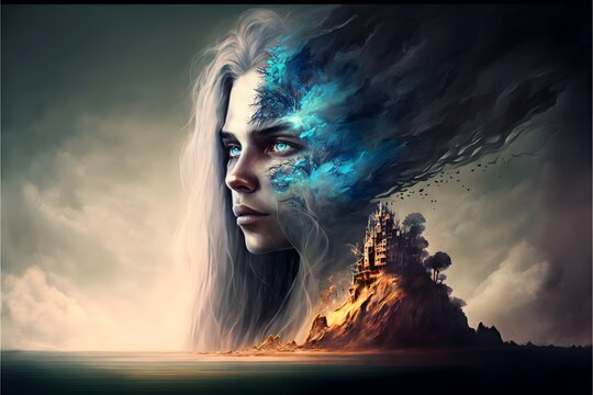 A fictional astral spiritual fantasy female in a healing energy aura of blue skyscape as a blue iridescent woman from a fantasy world, galaxies with castle on an island.