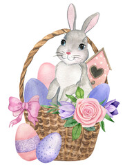 Watercolor illustration with Easter bunny in a basket