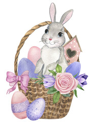 Watercolor illustration with Easter bunny in a basket