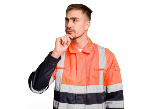 Garbage man cut out isolated looking sideways with doubtful and skeptical expression.