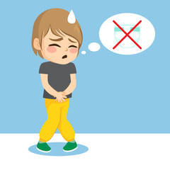 Vector illustration of young boy dealing with urination. Infant thinking he is not wearing diaper anymore. Toilet training concept