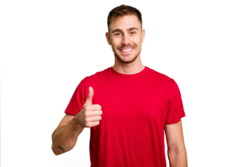 Young caucasian man cut out isolated smiling and raising thumb up