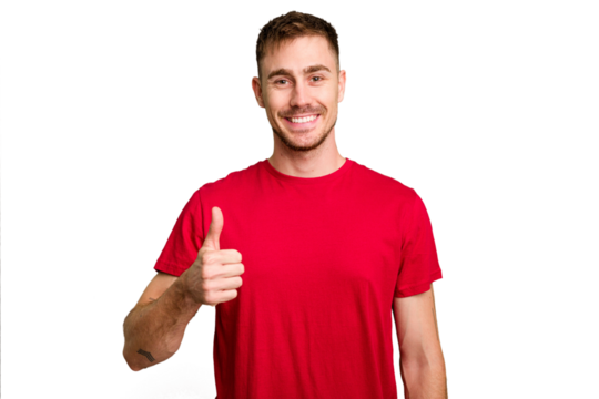 Young caucasian man cut out isolated smiling and raising thumb up