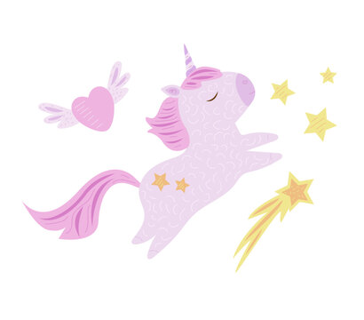 Textured cute running unicorn and stars and heart with wings