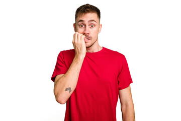 Young caucasian man cut out isolated biting fingernails, nervous and very anxious.