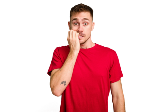 Young caucasian man cut out isolated biting fingernails, nervous and very anxious. - Powered by Adobe