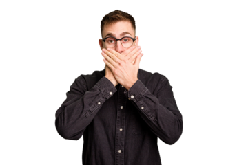 Young caucasian man cut out isolated shocked covering mouth with hands.