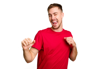 Young caucasian man cut out isolated dancing and having fun.