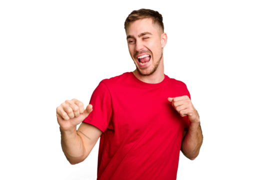 Young caucasian man cut out isolated dancing and having fun.