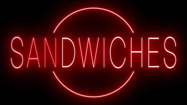 Retro red neon sign against a black wall with SANDWICHES