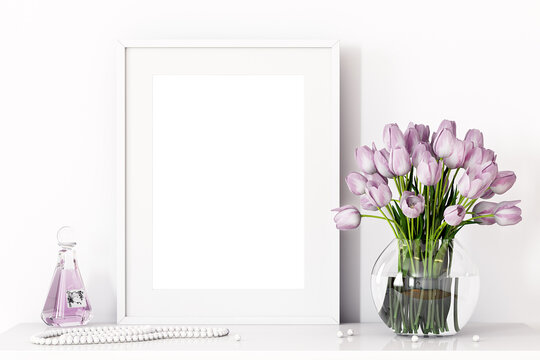 White frame mockup series A and bouquet of flowers 