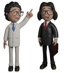 Cartoon character businesswoman is point the finger and another person holds briefcase isolated on white background. 3d render illustration.