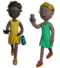 Cartoon character young African women holding smartphone isolated on white background. 3d render illustration.