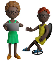 Cartoon character young African women holding tablet and another person sit show hand isolated on white background. 3d render illustration.