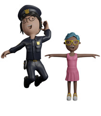 Cartoon character female happy police officer gesture and young African women happy cheerful smile  isolated on white background. 3d render illustration.