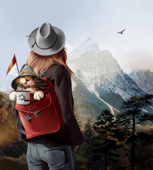Fototapeta premium Girl travels with a cat in a backpack
