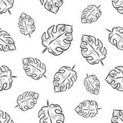 Vector Hand Drawn Doodle Style Palm Leaves Seamless Pattern on White Background. Retro Vintage Style Leaves Texture. Tropical palm leaves, jungle leaves seamless vector floral print textile background
