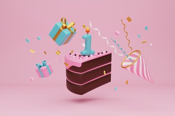 Festive background. Pastel pink and blue cake and gift boxes on light pink background. 3D rendering	