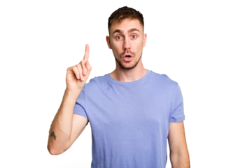 Young caucasian man cut out isolated pointing upside with opened mouth.