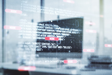 Abstract creative coding illustration on modern computer background, software development concept. Multiexposure