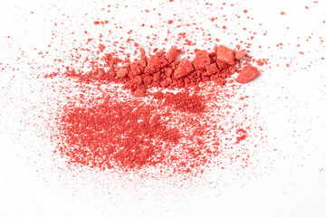Abstract crush pink red blush powder or eye shodow on white isolated background.Two texture swatch