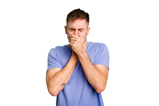 Young caucasian man cut out isolated suffers pain in throat due a virus or infection.