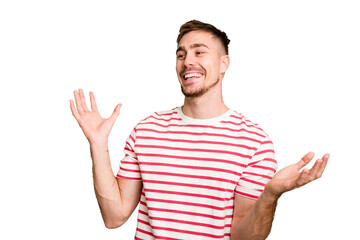 Naklejka premium Young caucasian man cut out isolated joyful laughing a lot. Happiness concept.