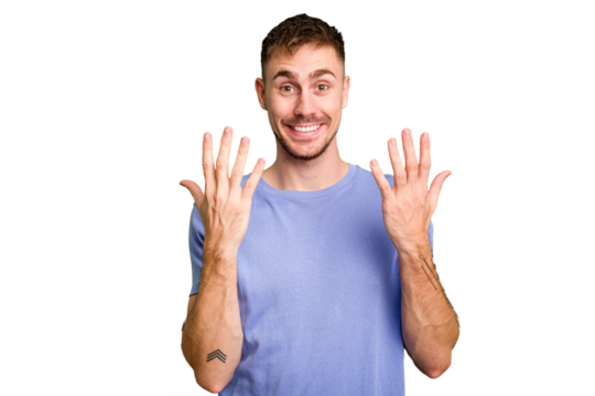 Young caucasian man cut out isolated showing number ten with hands.