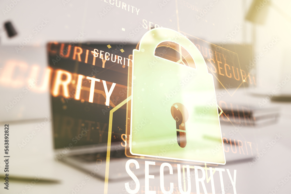 Poster double exposure of creative lock hologram with chip on laptop background. information security conce