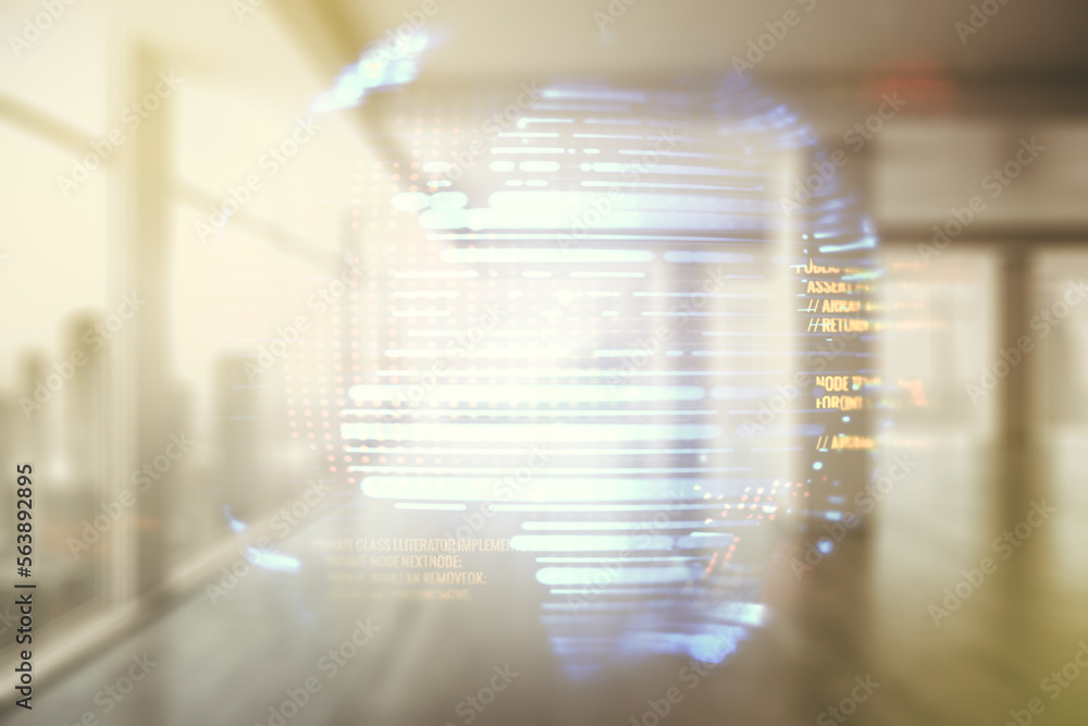 Poster multi exposure of abstract creative coding sketch and world map on empty corporate office background