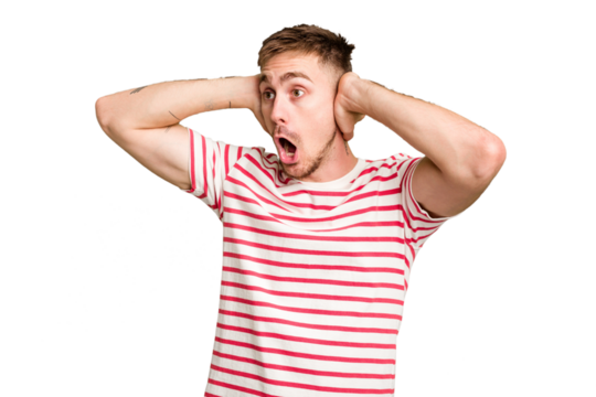 Young caucasian man cut out isolated screaming, very excited, passionate, satisfied with something.